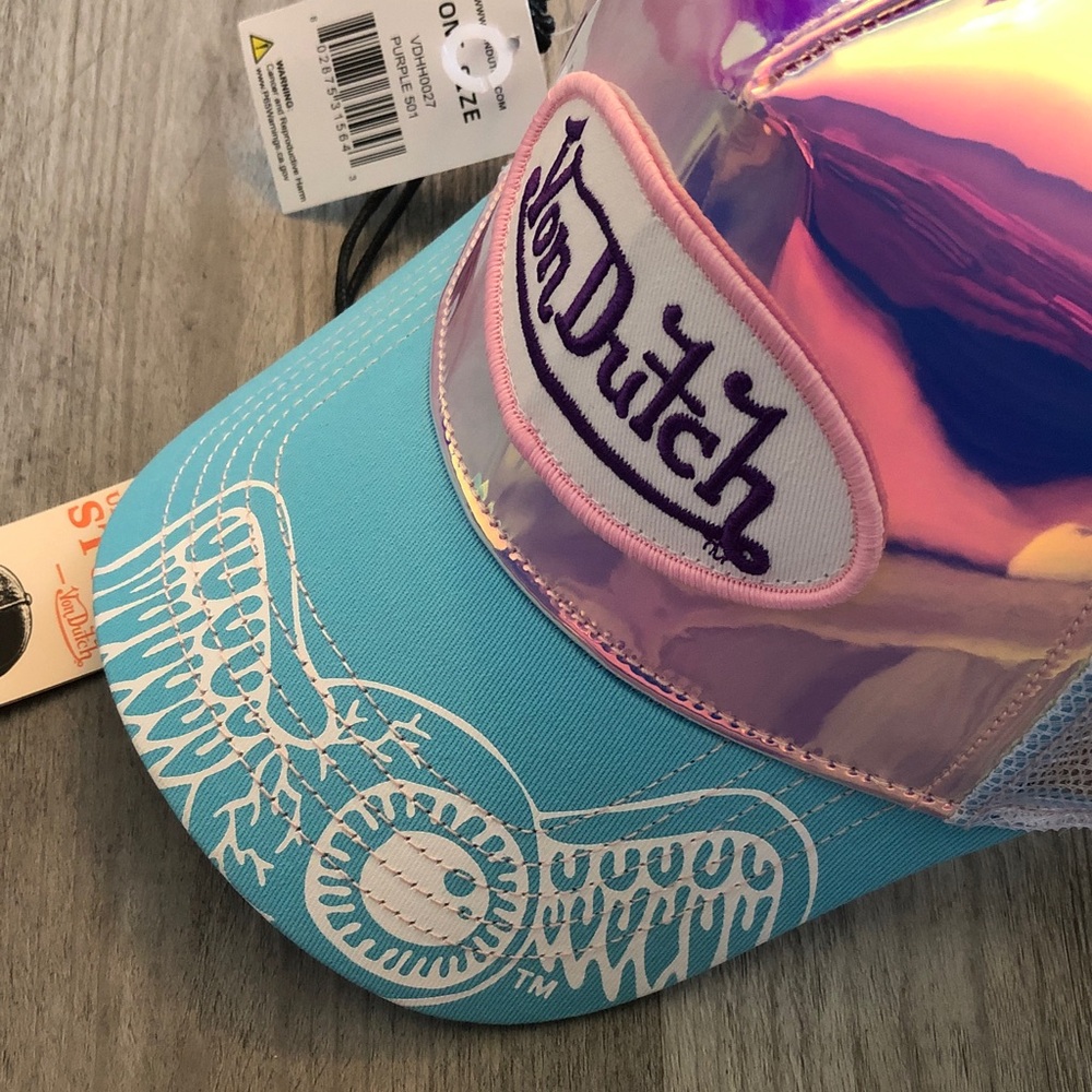 Von Dutch Purple Holographic Trucker Hat Logo Patch & Turquoise Bill OS NWT - Picture 8 of 16